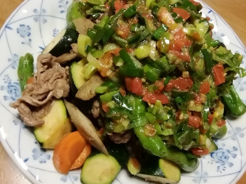 たっぷり野菜と牛肉炒め~ネギ塩トマトだれがけ~